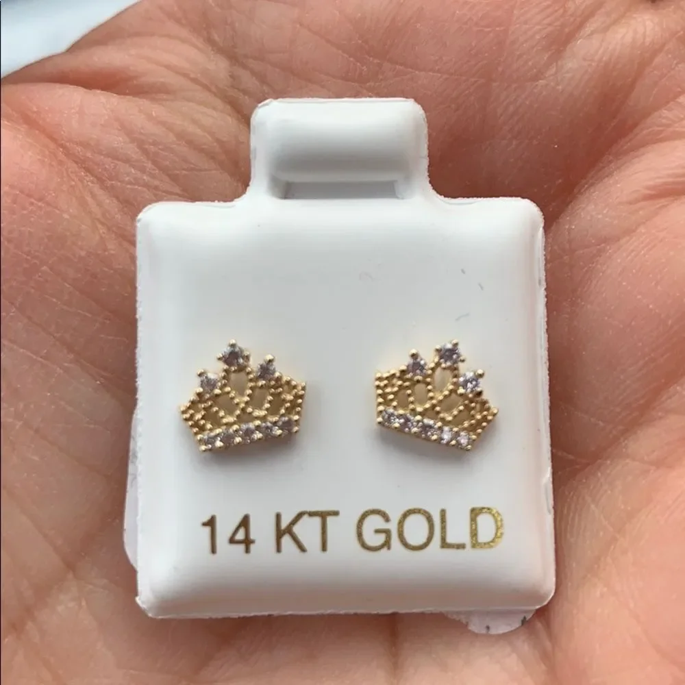 Solid 14k yellow gold princess Crown Earrings kid.